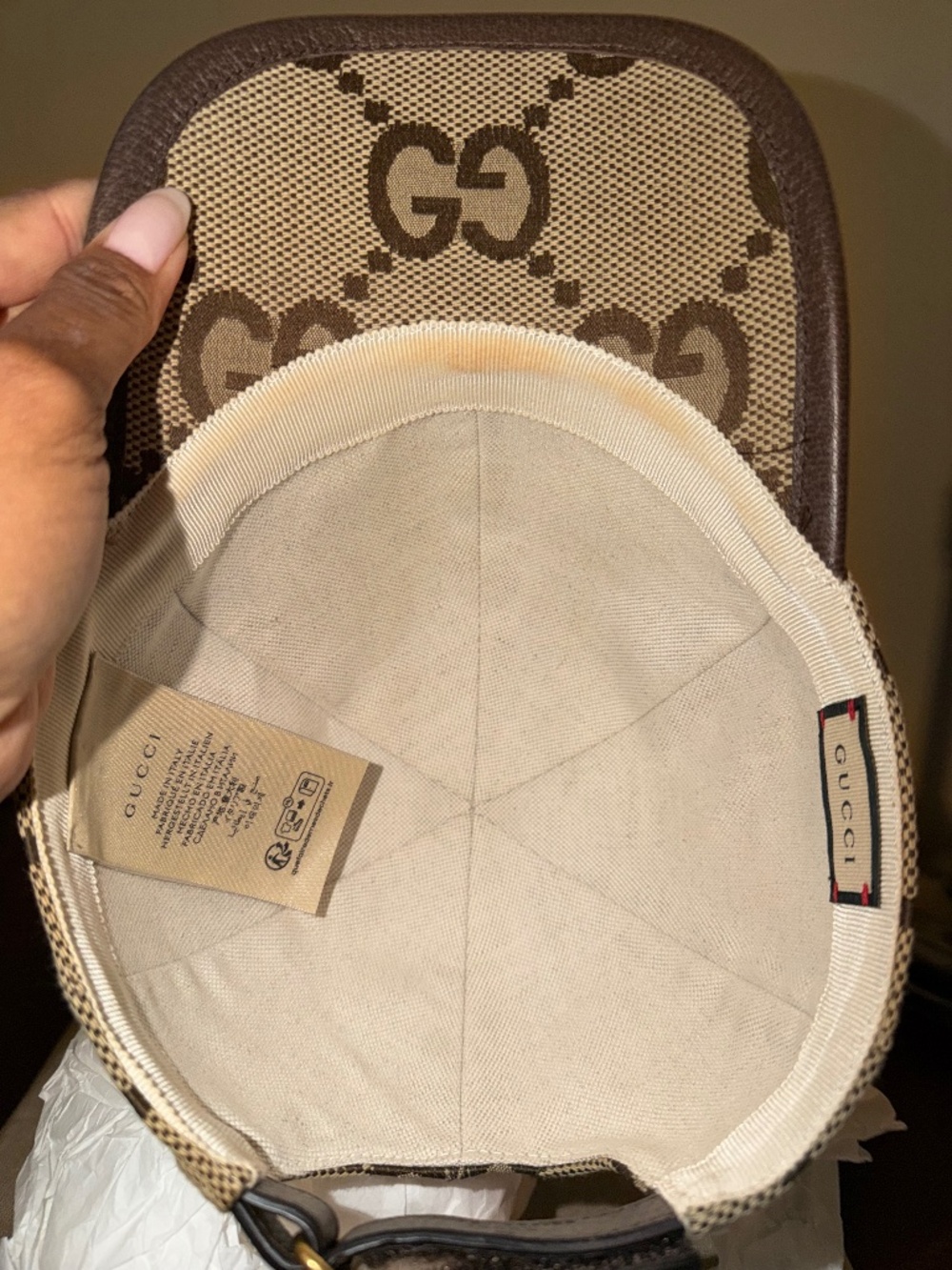 Gucci Jumbo GG Canvas Baseball Cap Hat Camel Ebony Leather Trim Authentic - Picture 3 of 3